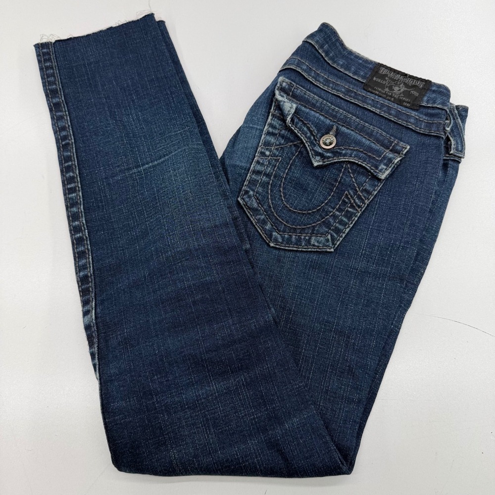 True Religion Women's Dark Wash Slim Straight Jeans Raw Hem Size 28 Made in USA
